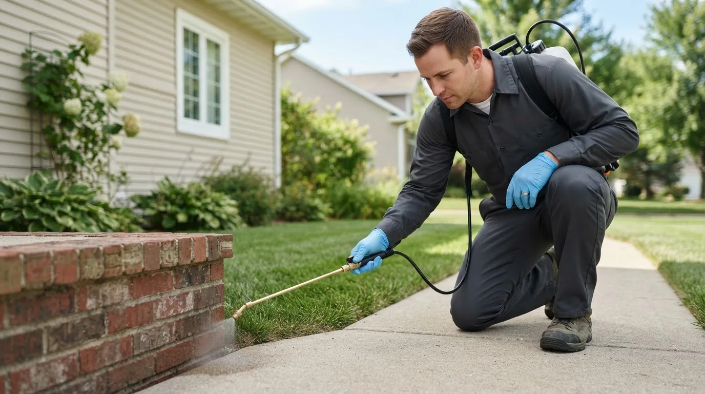 Pest control technician treating a home near Canfield, OH